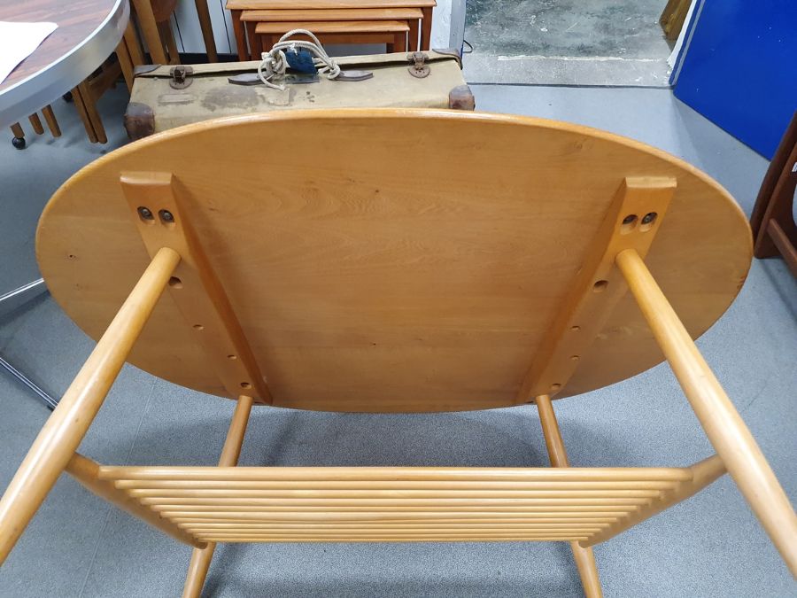 Ercol light elm-topped coffee table with beech magazine rack under, 44cm x 98cm x 83cm Condition - Image 9 of 17