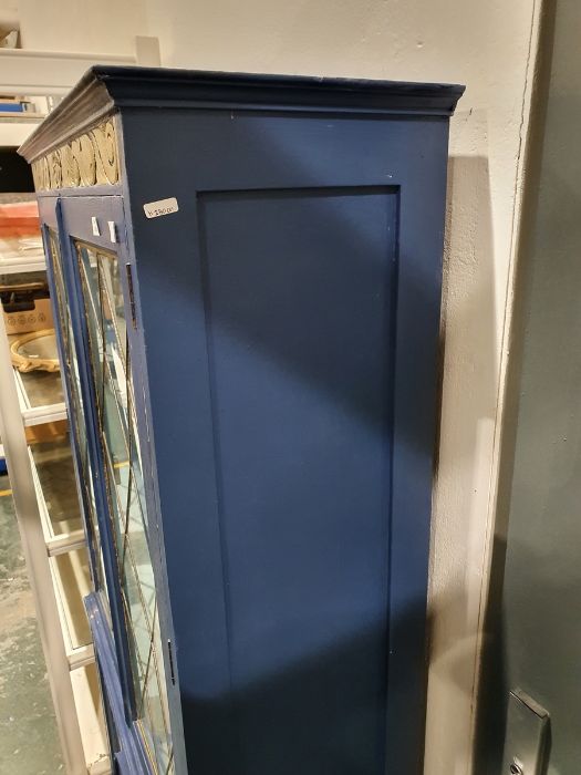 20th century painted cabinet, the leaded glazed doors enclosing shelves above two linenfold cupboard - Image 17 of 21