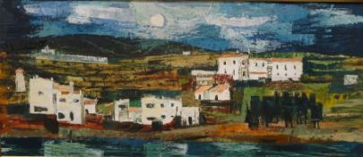Pamela Nash (b.1925) Oil on board Continental houses, indistinctly signed lower right, 44cm x 102cm
