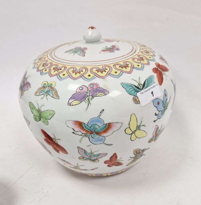 20th century lidded ovoid pot in the Chinese taste, decorated with butterflies and two ginger - Image 3 of 6