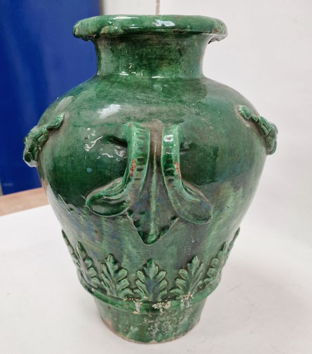 19th century French / Continental green glazed searthenware twin-handled pot with wreath and leaf - Image 4 of 6