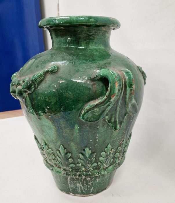 19th century French / Continental green glazed searthenware twin-handled pot with wreath and leaf - Image 2 of 6