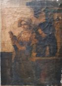 19th century school Oil on canvas  Study of figure holding statue, unsigned, 40cm x 29cm