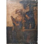 19th century school Oil on canvas  Study of figure holding statue, unsigned, 40cm x 29cm