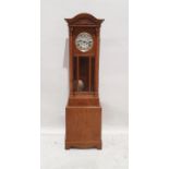 Mid 20th century grandmother clock with Westminter chime in light oak case, the dished dial with