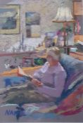 Mance (20th century school) Pastel Study of figure reading in armchair, signed lower left, 23cm x