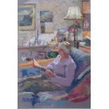 Mance (20th century school) Pastel Study of figure reading in armchair, signed lower left, 23cm x