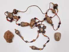 Treen beaded necklace including ones in the form of acorns, two small stone masks (1 tray)
