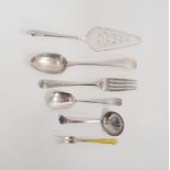 Dessert spoons (marks worn), a child's fork with floral engraving, a sugar sifting spoon with