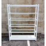 Modern six-shelf unit, the white painted frame with glass shelves, 182cm x 140cm x 41cm