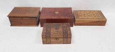 William IV mahogany and brass inlaid writing box, dated 1835, a jewellery box and two other boxes (