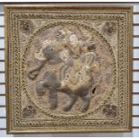 Eastern textile of Deity on elephant in gold-coloured thread, 50cm x 49.5cm
