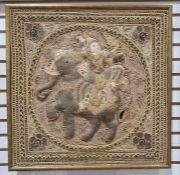 Eastern textile of Deity on elephant in gold-coloured thread, 50cm x 49.5cm