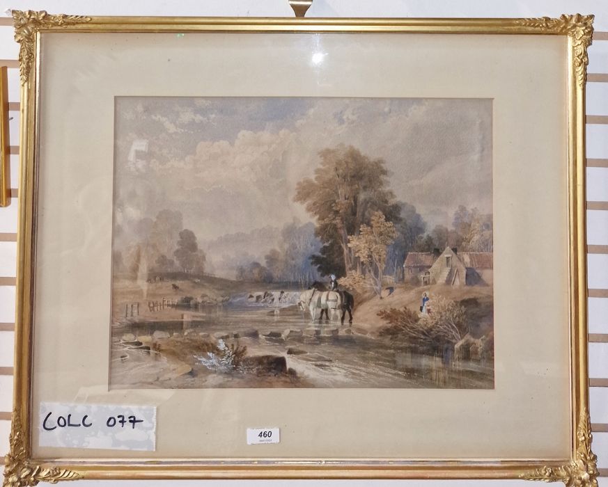 Attributed to Thomas Creswick  Watercolour  Figure and horses in river, unsigned, labelled verso - Image 2 of 2