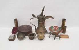 Late 19th century Dallah coffee pot (damaged), assorted Middle Eastern metal pieces and three