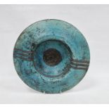 Studio pottery charger in turquoise and black decoration, on a circular bowled foot, initialled '
