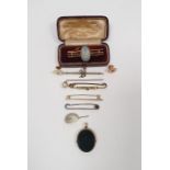 Gold-coloured pendant set with oval agate and bloodstone, a gold-coloured brooch set with blue