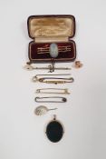 Gold-coloured pendant set with oval agate and bloodstone, a gold-coloured brooch set with blue