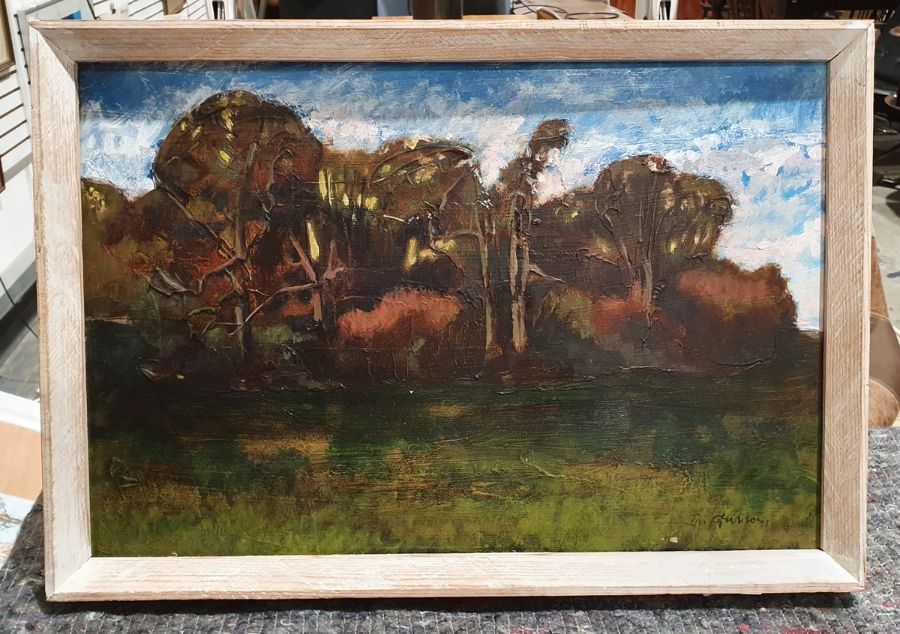 I Guillon(?)  Oil on board Landscape wooded study, indistinctly signed lower right, 30cm x 46cm - Image 3 of 3