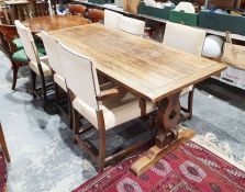 20th century rectangular oak dining table on trestle base together with six dining chairs in oatmeal