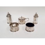 George V silver five-piece condiment set with pair cylindrical salts, pepperettews and mustard,