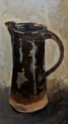 20th century school oil Still life study of stoneware treacle glazed jug, initialled 'R' lower
