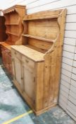 Vintage pine dresser with two shelves, two drawers and two cupboard doors, on plinth base, 166cm x
