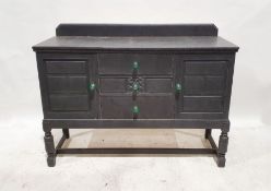 20th century grey painted sideboard with green glass faceted handles, 103cm x 137cm x 50cm