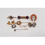 Victorian gold-coloured bar brooch set with amethysts and seedpearls, a gold-coloured unmarked