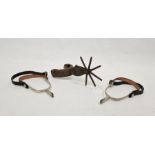 Single iron spur with large spike wheel and a pair of white metal and leather spurs (3)