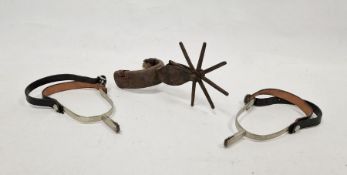 Single iron spur with large spike wheel and a pair of white metal and leather spurs (3)