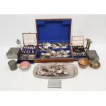 Silver plate and white metal wares to include cutlery, lidded glass pots, etc (1 box)