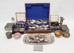 Silver plate and white metal wares to include cutlery, lidded glass pots, etc (1 box)