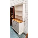 Modern painted pine dresser with moulded cornice, two shelves to rectangular top, two drawers