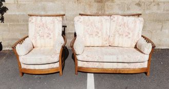 Ercol elm two-seater sofa and single chair in pale foliate upholstery (2)
