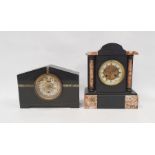 A late Victorian black and pink marble mantel clock, brass bezel surrounding ceramic chapter ring