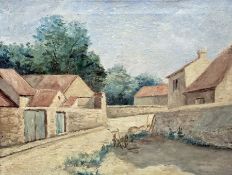 20th century French school  Oil on canvas Village scene, indistinctly titled and attributed to label