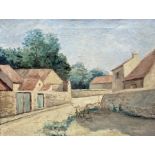 20th century French school  Oil on canvas Village scene, indistinctly titled and attributed to label