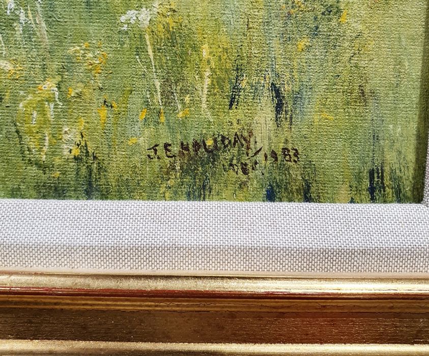 J E Halliday - 20th century Oil on board Rural landscape with dwellings, signed and dated 1983 lower - Image 2 of 10