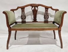 20th century two-seat settee with mahogany and inlaid frame, green upholstered back and arms H. 88 x