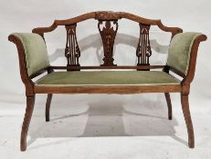 20th century two-seat settee with mahogany and inlaid frame, green upholstered back and arms H. 88 x