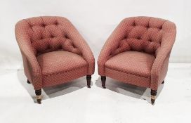 Pair of modern 20th century office reception chairs with button backs and plum floral upholstery