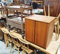 Teak hi-fi cabinet and a 20th century oak two-tier tea trolley on casters
