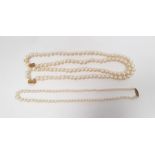 Set of simulated graduating pearls on 9ct gold clasp and a set of two-string pearl necklace on