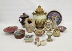 Studio pottery wares to include small Ann James lidded pot, a footed plate in red glaze marked '