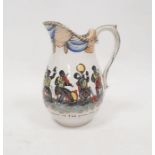 19th century Staffordshire pottery jug, transfer printed with minstrel band decoration titled 'I