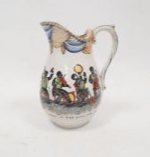 19th century Staffordshire pottery jug, transfer printed with minstrel band decoration titled 'I