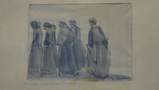 Attributed to Rudolf Riester (1904-1999) Watercolour drawing Procession, indistinctly signed and