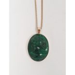 14ct gold-mounted oval malachite cameo pendant on a gold-coloured chain, 9.4g total approx.
