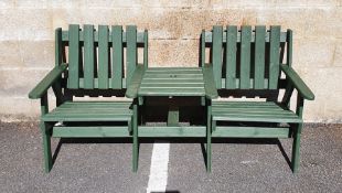 Modern Jack and Jill-style garden bench, green painted with two seats and central table